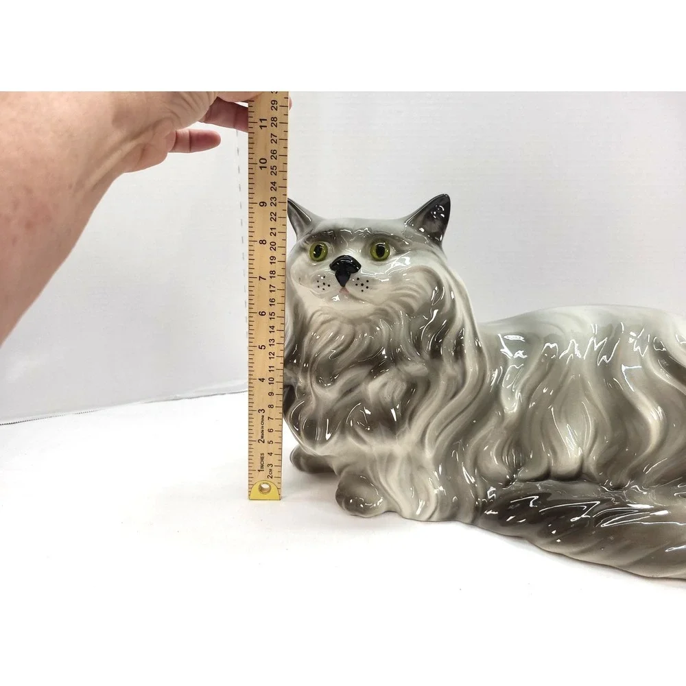 Vintage Large Ceramic Cat Grey Persian MCM Glossy Glaze Finish 17